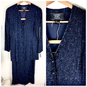 Carmen Marc Valvo Skirt Suit Set Beaded Floral